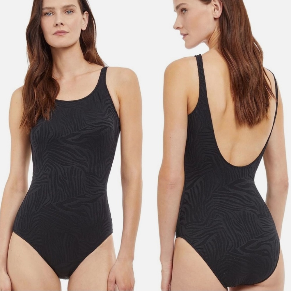 Gottex African Escape Zebra Print Textured One Piece Black Swimsuit 6/M NWT $138